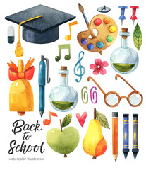 Watercolor school and education elements set. Cute cartoon style. 
