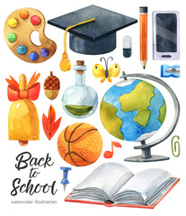 Watercolor school and education elements set. Cute cartoon style. 