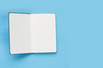 Open notebook on blue background. Top view
