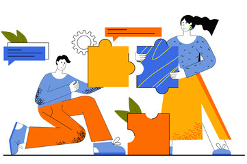 Collaboration and teamwork web concept. Colleagues work together. Man and woman holding puzzles, metaphor of community, success business. Vector illustration for web page template in flat line design