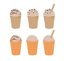 Chocolate Ice cream in a cup. A paper container. Waffle cup. Outline vector illustration on a white background.