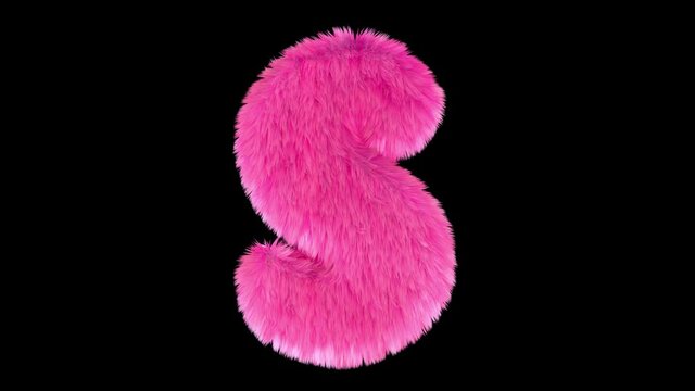 Pink fur letter S, 3D animated font, fluffy texture, with alpha channel.