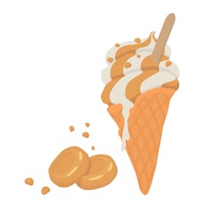 Caramel soft ice cream in a waffle cone. For holiday, celebration, weekend menu, summer menu.