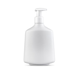 White clean plastic bottle with dispenser. The image is isolated on a white background. A bottle for liquid soap, disinfectant and other various cosmetics. Close-up.