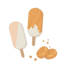 Caramel ice cream rods, popsicle. For holiday, celebration, weekend menu, summer menu. Outline vector illustration on a white background.