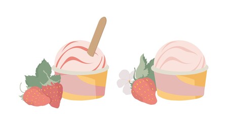 Strawberry Ice cream in a cup. A paper container. Outline vector illustration on a white background.