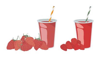 Strawberry Juice, Сocktail, milkshake, smoothie. Summer menu, menu for a children's party, holiday, picnic. Plastic cup with plastic lid and tube. Outline vector illustration on a white background.