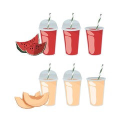 Watermelon Juice, Сocktail, milkshake, smoothie. Summer menu, menu for a children's party, holiday, picnic. Plastic cup with plastic lid and tube. Outline vector illustration on a white background.
