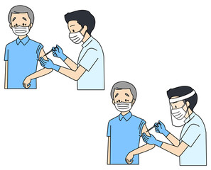 高齢男性にワクチン接種をする医師、看護師（半袖）