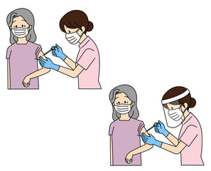 高齢女性にワクチン接種をする医師、看護師（半袖）