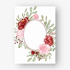 oval flower frame with watercolor flowers red and pink