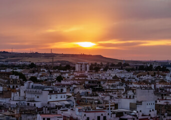 Skyline at sunset seen from the Metropol Parasol at La Encarnacion Square, Seville, Andalusia, Spain