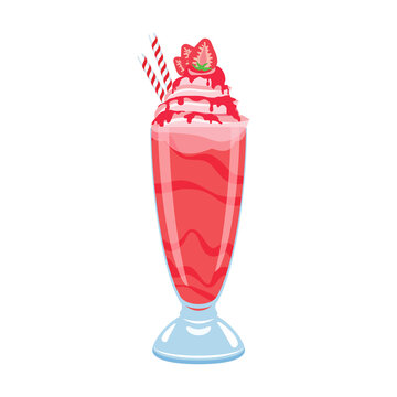 Strawberry milkshake with whipped cream and pink icing vector. Glass of strawberry smoothie icon isolated on a white background. Fresh summer drink clip art