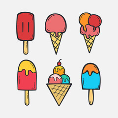 Set Hand drawn Ice cream icon Design Template. Illustration vector graphic. doodle ice cream print. Perfect for for cafe menu, card, birthday card decoration.
