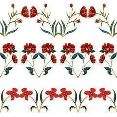 Royal Botanicals with Gold Outline Vector Seamless Horizontal Borders Set