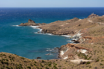 Panoramic view of cliffs and beaches in the Gata Cape Natural Park coast near San José. Almería,...