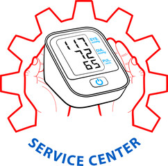 Service center sign with tonometer in hands