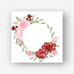 round flower frame with watercolor flowers red and pink