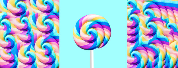 Fototapeta na wymiar Summer sweet background with colorful lollipop on blue backdrop