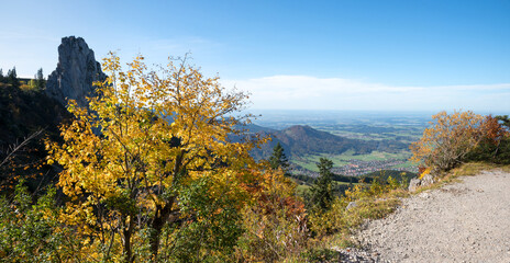 view from hiking trail Kampenwand to alpine foothills chiemgau, autumn landscape bavaria
