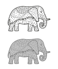 Abstract patterned elephant. Hand drawn ornaments. Freehand drawing. Different color options