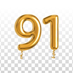 Vector realistic isolated golden balloon number of 91 for invitation decoration on the transparent background. - obrazy, fototapety, plakaty