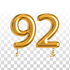 Vector realistic isolated golden balloon number of 92 for invitation decoration on the transparent background.