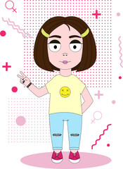 Cartoon-style girl with dark hair