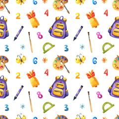 Seamless watercolor school pattern on a white background. Back to school background.
