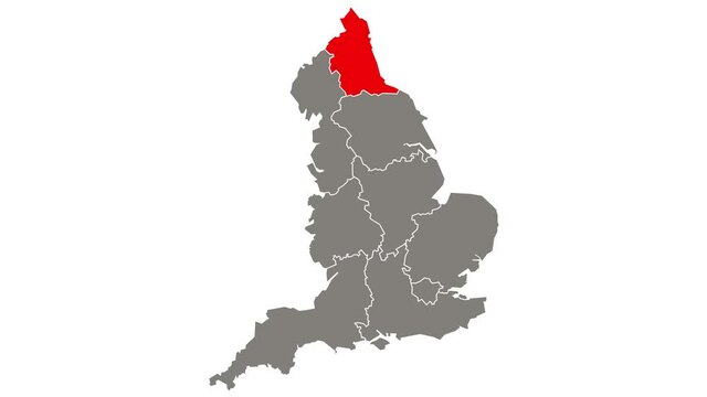 North East England region blinking red highlighted in map of England UK