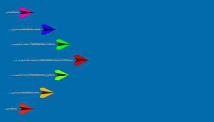 Leading white paper airplane and colored paper airplanes. Business and leadership concept. Blue background. Vector Design eps 10.