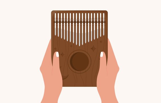 Hands hold kalimba. Mbira or thumb piano. African traditional musical instrument. Folk wooden mbira with carvings of the Moon and stars. Flat cartoon vector illustration. Isolated on white background.