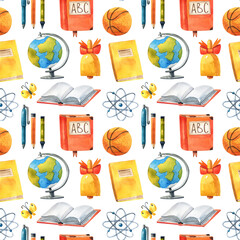 Seamless watercolor school pattern on a white background. Back to school background.