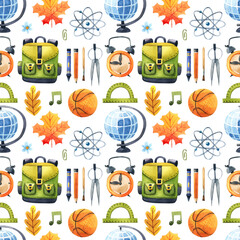 Seamless watercolor school pattern on a white background. Back to school background.