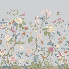 Mural. Bloom. Chinoiserie inspired. Vintage floral illustration. Pastel colors - 440753981