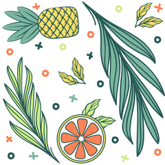 Summertime pineapple, orange, and palm seamless pattern. These design are perfect for greeting cards, textile patterns, stationary, t-shirts, bags, packaging design, and etc.