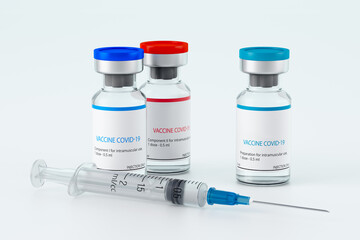A set of vaccines - two-component and one-component vaccines, to choose from, against the coronavirus infection COVID-19 (SARS-CoV-2). Three ampoules and a filled syringe. 3D rendering. Copy space
