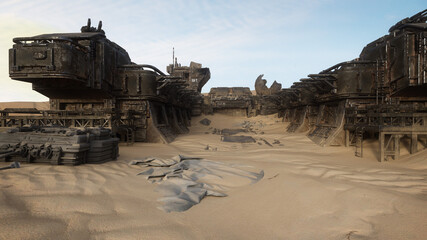 3D rendering of an abandoned ruin of an outpost in the desert of a remote alien planet. © IG Digital Arts
