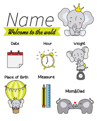 Baby birth print. Baby data template at birth. Weight, measurement, place, time and day of birth