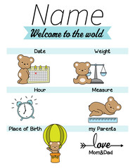 Baby birth print. Baby data template at birth. Weight, measurement, place, time and day of birth	
