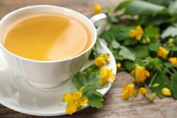 Cup of aromatic celandine tea and flowers on wooden table, closeup. Space for text