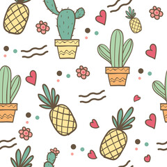 Summertime pineapple and cactus seamless pattern. These design are perfect for greeting cards, textile patterns, stationary, t-shirts, bags, packaging design, and etc.