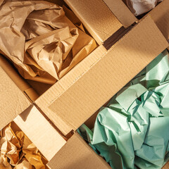 Recycled packaging ,Cardboard boxes with crumpled paper inside for packaging goods from online stores, eco friendly packaging made of recyclable raw materials