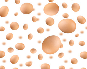 Brown eggs flying in space isolated on white background