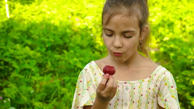 The child eats strawberries in the garden. Selective focus.
