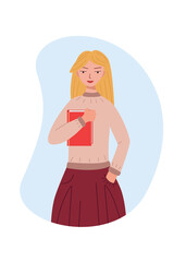 Fototapeta na wymiar Cute student girl with a book in her hand. Vector illustration of a apprentice, the concept of education.