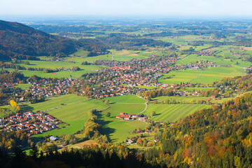 Naklejka premium view to spa town Aschau im Chiemgau, autumn landscape alpine foothills bavaria