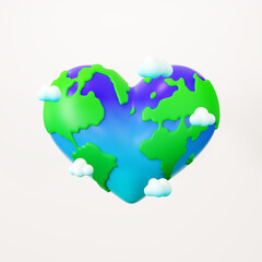 Heart shaped earth. Happy Earth Day. Save the Planet. 3d render