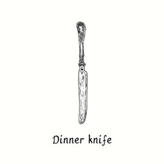 Dinner knife with retro style decor. Ink black and white drawing  woodcut vintage style  illustration