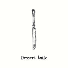 Dessert knife with retro style decor. Ink black and white drawing  woodcut vintage style  illustration